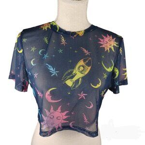 Galaxy Celestial Sheer Crop Top Plus Size 1XL Blue **SEE MEASUREMENTS**